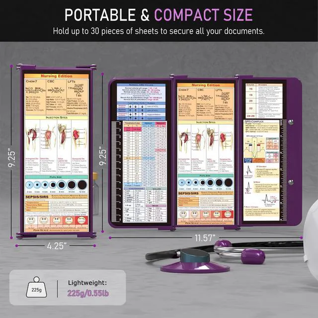 Alt view image 2 of 7 - Nursing Clipboard Foldable w/Nursing Edition Cheat Charts, 3 Layers Aluminum, Nurse Board w/Low Profile Clip&Pen Clip Pocket Blank for Nurses, Doctors, Dark Purple