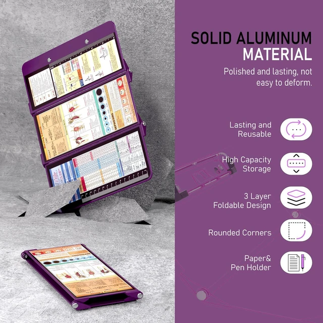 Alt view image 3 of 7 - Nursing Clipboard Foldable w/Nursing Edition Cheat Charts, 3 Layers Aluminum, Nurse Board w/Low Profile Clip&Pen Clip Pocket Blank for Nurses, Doctors, Dark Purple
