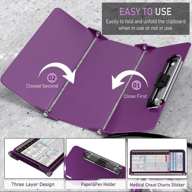 Alt view image 5 of 7 - Nursing Clipboard Foldable w/Nursing Edition Cheat Charts, 3 Layers Aluminum, Nurse Board w/Low Profile Clip&Pen Clip Pocket Blank for Nurses, Doctors, Dark Purple