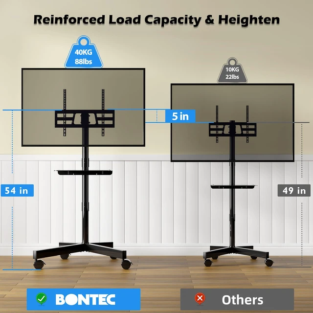 Alt view image 2 of 7 - Rolling TV Stand with Tilt,Mobile TV Stand Wheels for 2365 Inch TVs Portable TV Cart for LED LCD TVs, Adjustable Shelf, Living Room, Bedroom, Outdoor TV Stand Holds 88 lbs, Max VESA 400x400mm