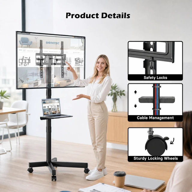 Alt view image 5 of 7 - Rolling TV Stand with Tilt,Mobile TV Stand Wheels for 2365 Inch TVs Portable TV Cart for LED LCD TVs, Adjustable Shelf, Living Room, Bedroom, Outdoor TV Stand Holds 88 lbs, Max VESA 400x400mm