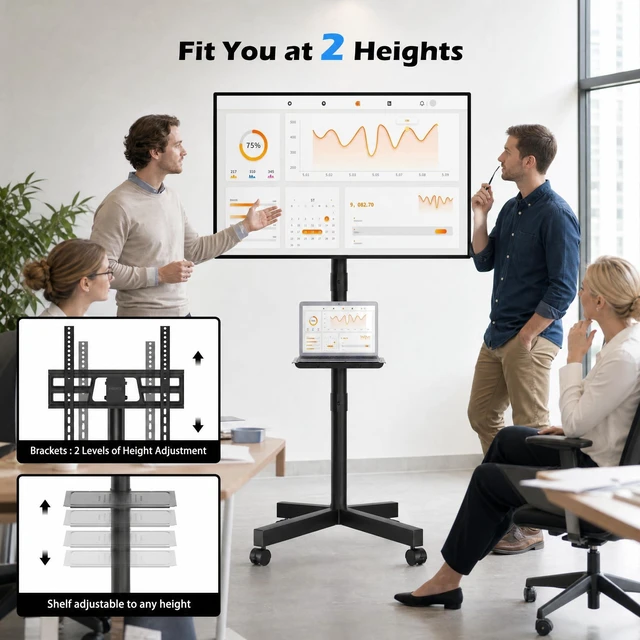 Alt view image 6 of 7 - Rolling TV Stand with Tilt,Mobile TV Stand Wheels for 2365 Inch TVs Portable TV Cart for LED LCD TVs, Adjustable Shelf, Living Room, Bedroom, Outdoor TV Stand Holds 88 lbs, Max VESA 400x400mm