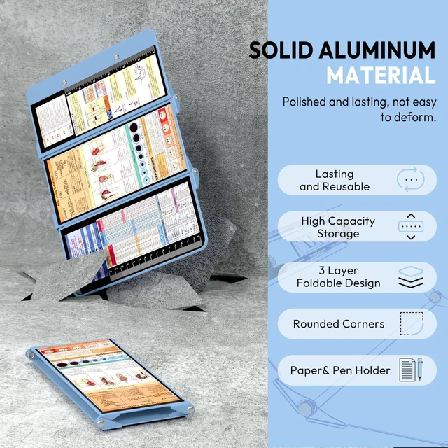 Alt view image 3 of 7 - Nursing Clipboard Foldable, Foldable Clipboard w/Nursing Edition Cheat Charts,3 Layers Aluminum, Nurse Clip Board w/Low Profile Clip&Pen Clip Pocket for Nurses and Doctors,Light Blue