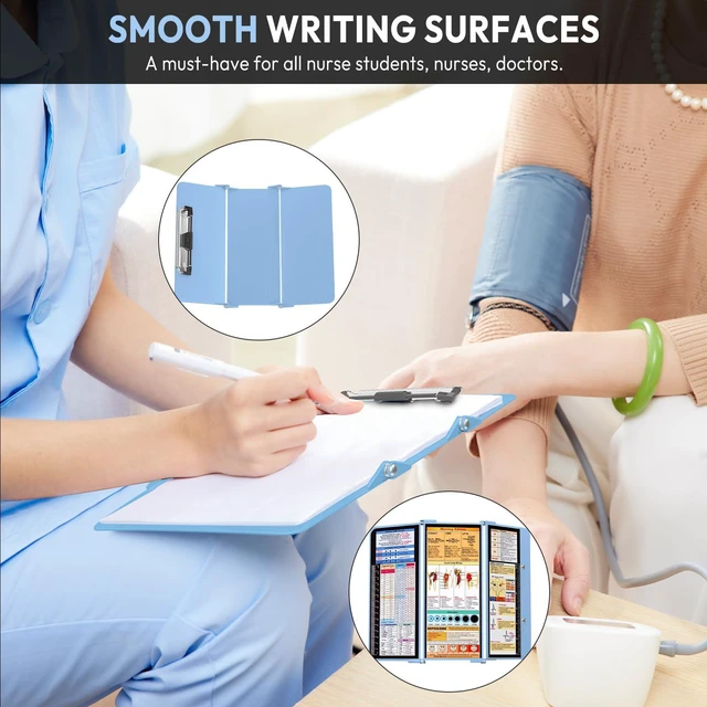 Alt view image 4 of 7 - Nursing Clipboard Foldable, Foldable Clipboard w/Nursing Edition Cheat Charts,3 Layers Aluminum, Nurse Clip Board w/Low Profile Clip&Pen Clip Pocket for Nurses and Doctors,Light Blue
