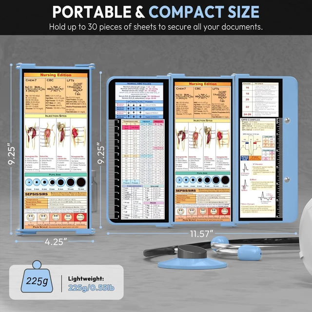 Alt view image 2 of 7 - Nursing Clipboard Foldable, Foldable Clipboard w/Nursing Edition Cheat Charts,3 Layers Aluminum, Nurse Clip Board w/Low Profile Clip&Pen Clip Pocket for Nurses and Doctors,Light Blue