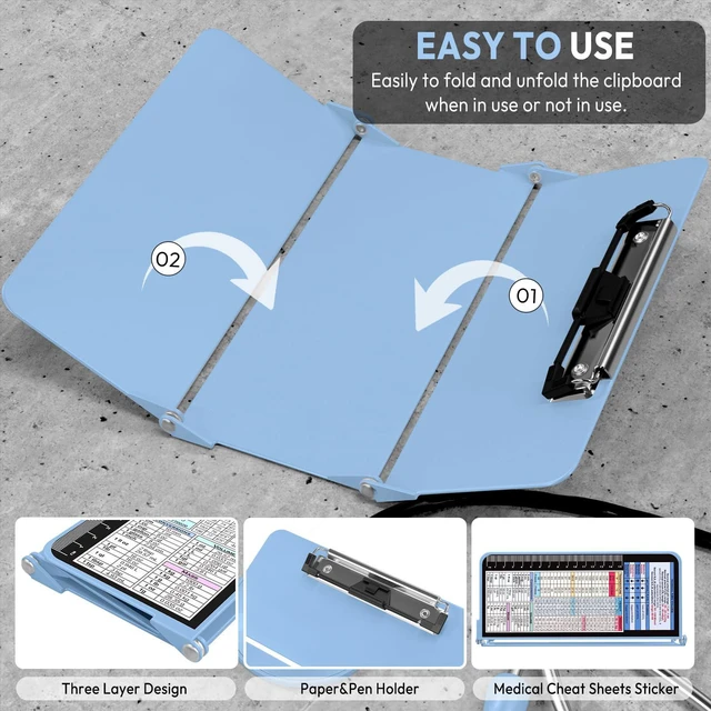 Alt view image 5 of 7 - Nursing Clipboard Foldable, Foldable Clipboard w/Nursing Edition Cheat Charts,3 Layers Aluminum, Nurse Clip Board w/Low Profile Clip&Pen Clip Pocket for Nurses and Doctors,Light Blue