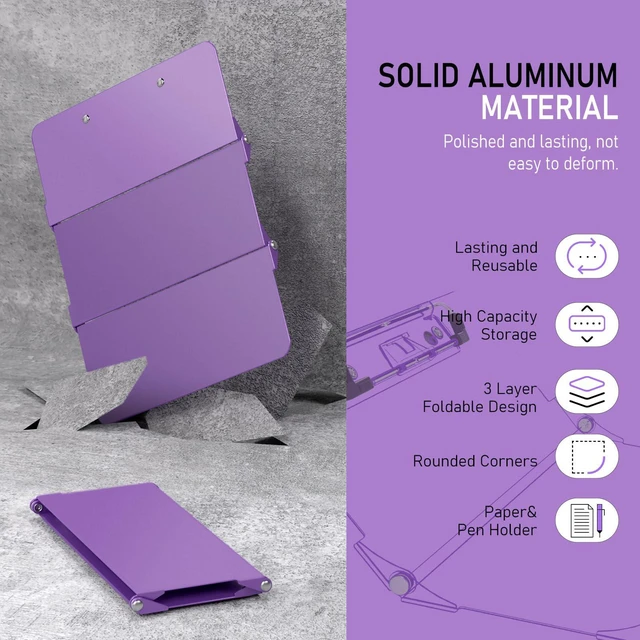 Alt view image 3 of 7 - Clipboard Foldable Without Edition Cheat Charts, 3 Layers Aluminum, Nurse Board w/Low Profile Clip&Pen Clip Pocket, Purple