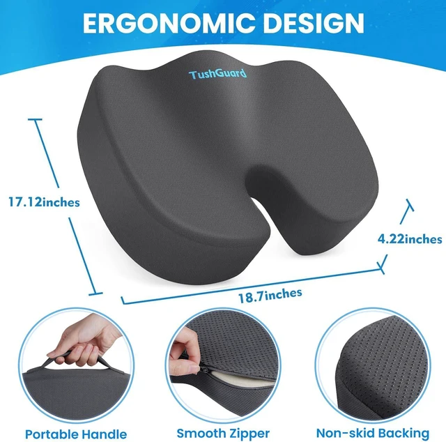 Alt view image 2 of 7 - Memory Foam Seat Cushion for Office Chair, Car Seat, Gray, XXL Office Chair Cushion for Car, Airplane - Chair Pad for Long Sitting Sciatica, Hip, Coccyx,Tailbone Pain Relief, Butt Pillow
