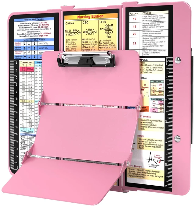 Main image of Nursing Clipboard Foldable, Foldable Clip Board w/Nursing Edition Cheat Charts, 3 Layers Aluminum, Nurse Plank w/Low Profile Clip&Pen Clip Pocket for Students, Nurses and Doctors, Pink
