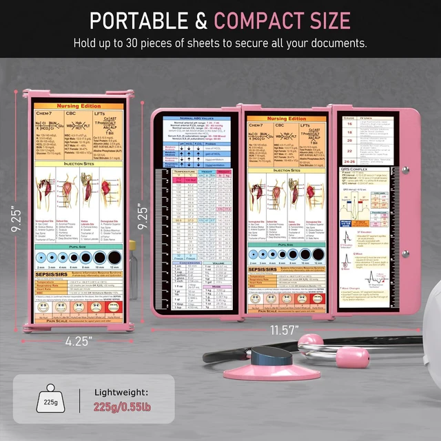 Alt view image 2 of 7 - Nursing Clipboard Foldable, Foldable Clip Board w/Nursing Edition Cheat Charts, 3 Layers Aluminum, Nurse Plank w/Low Profile Clip&Pen Clip Pocket for Students, Nurses and Doctors, Pink
