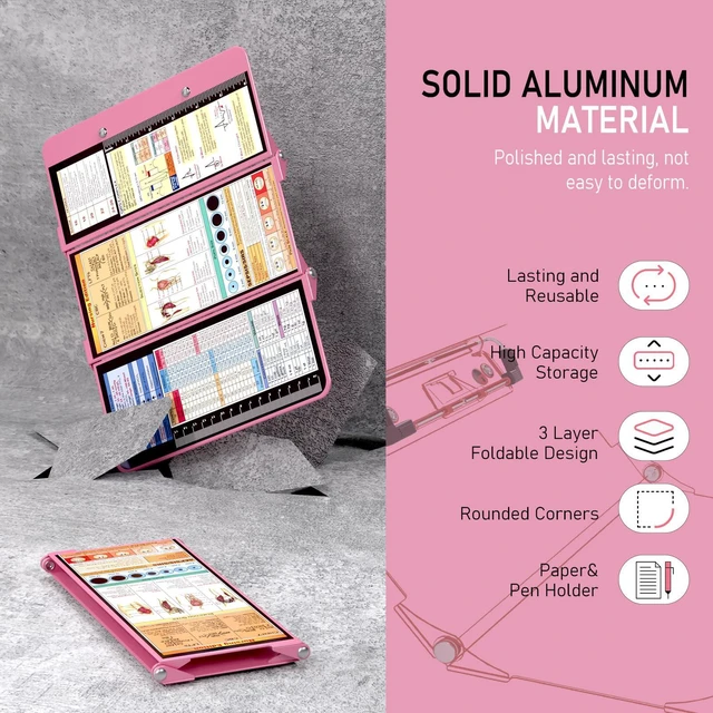 Alt view image 3 of 7 - Nursing Clipboard Foldable, Foldable Clip Board w/Nursing Edition Cheat Charts, 3 Layers Aluminum, Nurse Plank w/Low Profile Clip&Pen Clip Pocket for Students, Nurses and Doctors, Pink