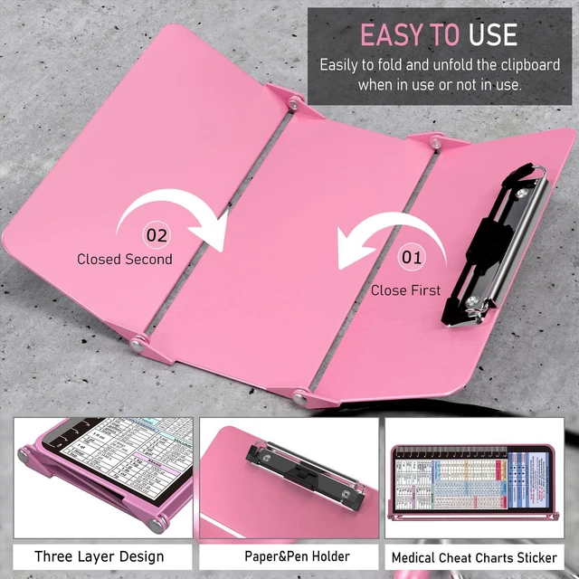 Alt view image 5 of 7 - Nursing Clipboard Foldable, Foldable Clip Board w/Nursing Edition Cheat Charts, 3 Layers Aluminum, Nurse Plank w/Low Profile Clip&Pen Clip Pocket for Students, Nurses and Doctors, Pink