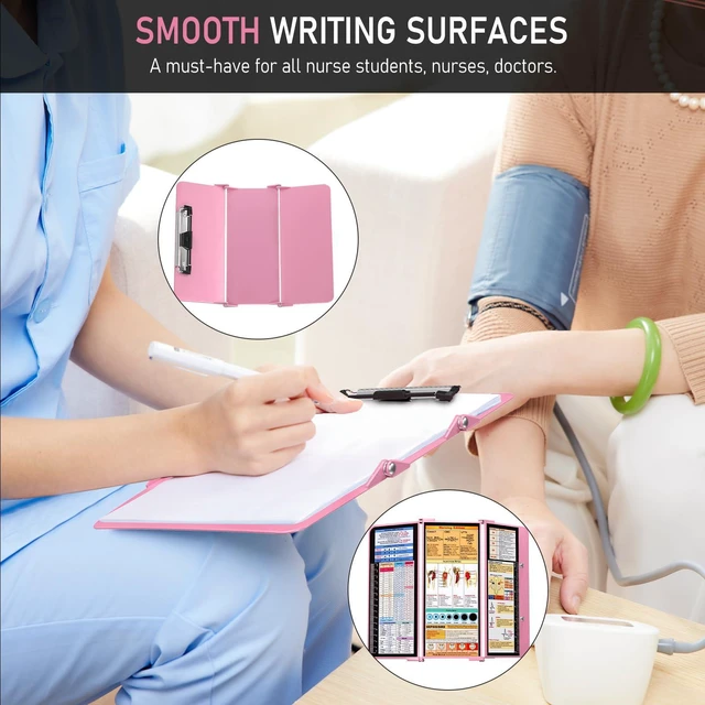 Alt view image 6 of 7 - Nursing Clipboard Foldable, Foldable Clip Board w/Nursing Edition Cheat Charts, 3 Layers Aluminum, Nurse Plank w/Low Profile Clip&Pen Clip Pocket for Students, Nurses and Doctors, Pink