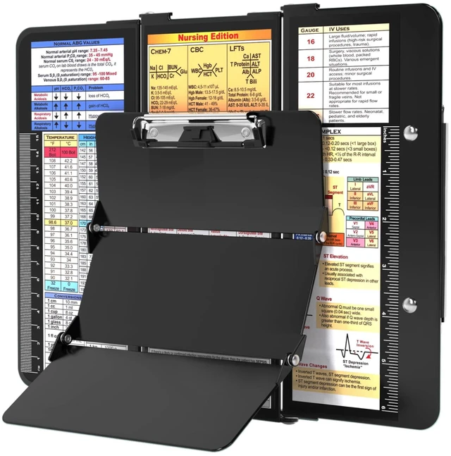 Main image of Nursing Clipboard Foldable, Foldable Clip Board w/Nursing Edition Cheat Charts, 3 Layers Aluminum, Nurse Clipboards w/Low Profile Clip & Pen Clip Pocket for Students, Nurses and Doctors, Black