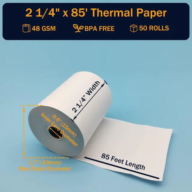 Alt view image 2 of 5 - (50 Rolls) 2 1/4 x 85 Thermal Paper Rolls, BPA Free Thermal Receipt Paper Rolls, 2.25 inch Wide and 85 ft Long Per Thermal Paper Receipt Roll