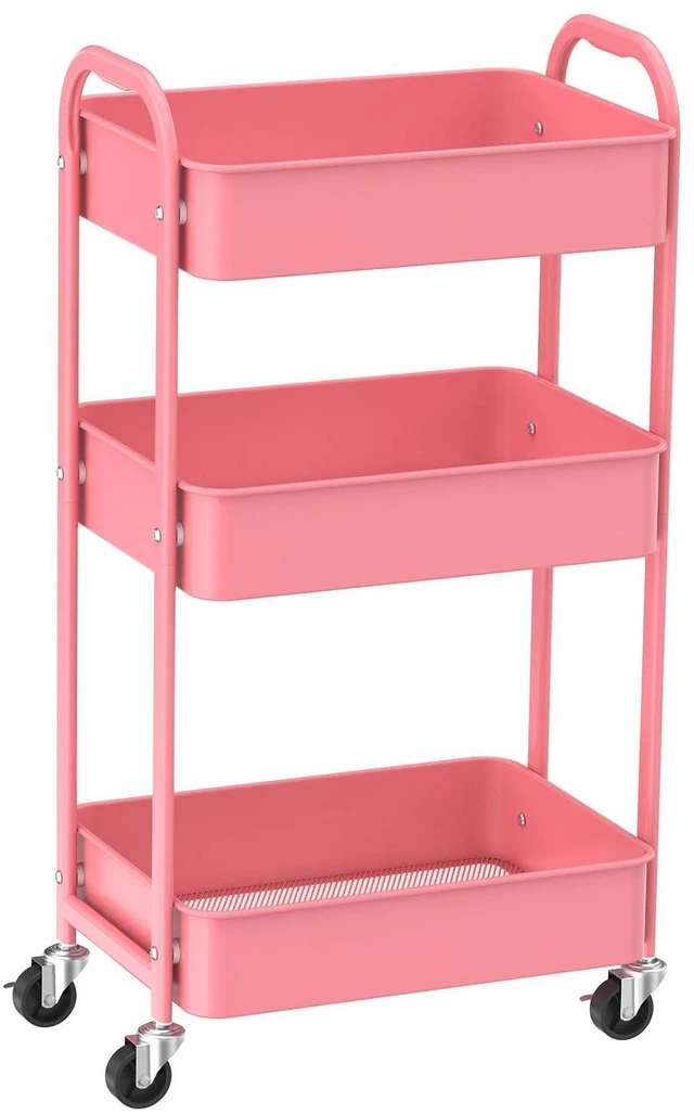 Main image of 3-Tier Rolling Utility Cart with Caster Wheels,Easy Assembly, for Kitchen, Bathroom (Pink) Easy Assembly, multi-purpose storage trolley for kitchen, rolling cart with smooth caster wheels for bathroom