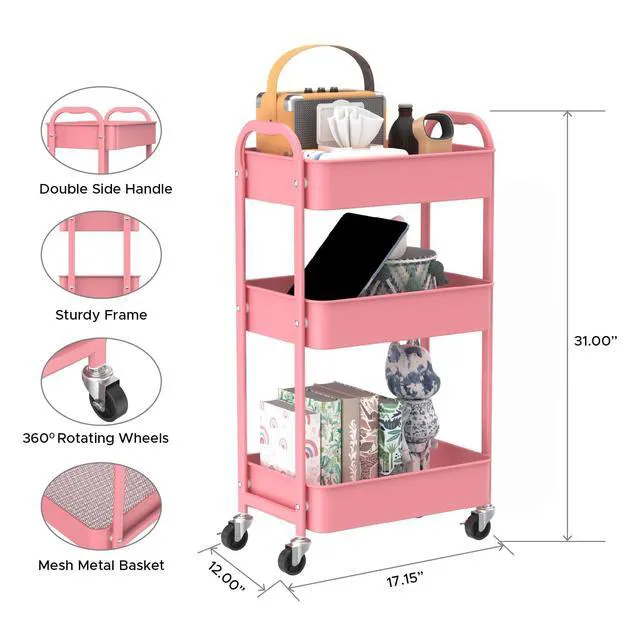 Alt view image 2 of 7 - 3-Tier Rolling Utility Cart with Caster Wheels,Easy Assembly, for Kitchen, Bathroom (Pink) Easy Assembly, multi-purpose storage trolley for kitchen, rolling cart with smooth caster wheels for bathroom