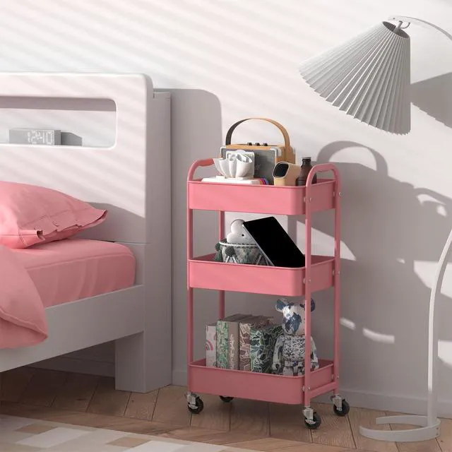 Alt view image 3 of 7 - 3-Tier Rolling Utility Cart with Caster Wheels,Easy Assembly, for Kitchen, Bathroom (Pink) Easy Assembly, multi-purpose storage trolley for kitchen, rolling cart with smooth caster wheels for bathroom
