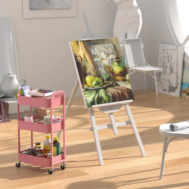 Alt view image 5 of 7 - 3-Tier Rolling Utility Cart with Caster Wheels,Easy Assembly, for Kitchen, Bathroom (Pink) Easy Assembly, multi-purpose storage trolley for kitchen, rolling cart with smooth caster wheels for bathroom