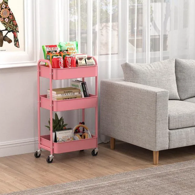 Alt view image 6 of 7 - 3-Tier Rolling Utility Cart with Caster Wheels,Easy Assembly, for Kitchen, Bathroom (Pink) Easy Assembly, multi-purpose storage trolley for kitchen, rolling cart with smooth caster wheels for bathroom