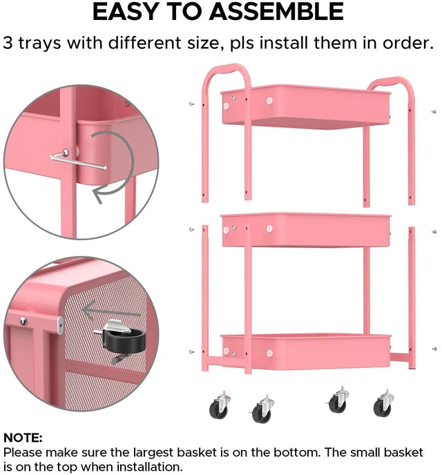 Alt view image 7 of 7 - 3-Tier Rolling Utility Cart with Caster Wheels,Easy Assembly, for Kitchen, Bathroom (Pink) Easy Assembly, multi-purpose storage trolley for kitchen, rolling cart with smooth caster wheels for bathroom