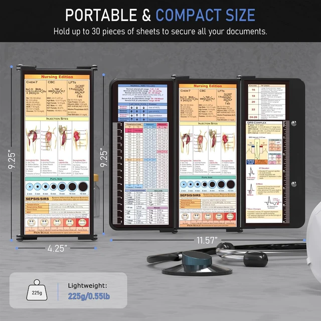 Alt view image 2 of 7 - Nursing Clipboard Foldable, Foldable Clip Board w/Nursing Edition Cheat Charts, 3 Layers Aluminum, Nurse Clipboards w/Low Profile Clip & Pen Clip Pocket for Students, Nurses and Doctors, Black