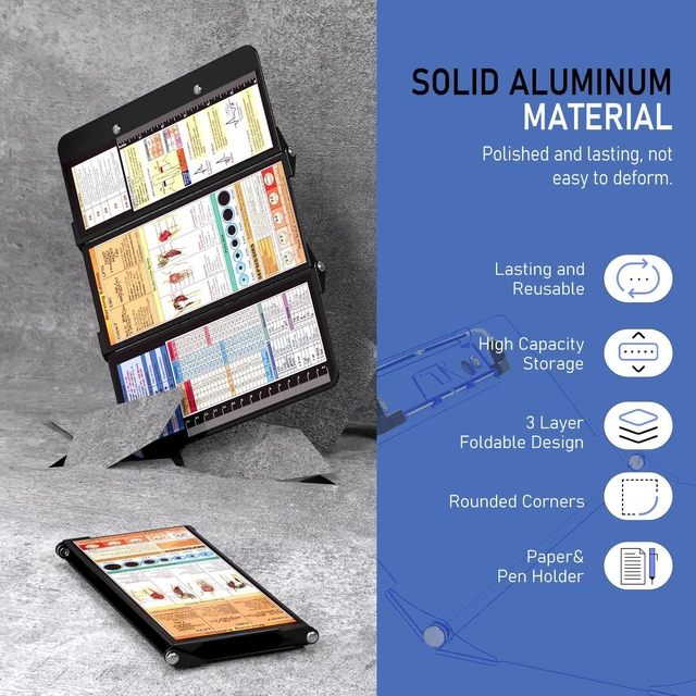 Alt view image 3 of 7 - Nursing Clipboard Foldable, Foldable Clip Board w/Nursing Edition Cheat Charts, 3 Layers Aluminum, Nurse Clipboards w/Low Profile Clip & Pen Clip Pocket for Students, Nurses and Doctors, Black
