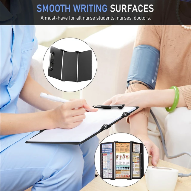 Alt view image 4 of 7 - Nursing Clipboard Foldable, Foldable Clip Board w/Nursing Edition Cheat Charts, 3 Layers Aluminum, Nurse Clipboards w/Low Profile Clip & Pen Clip Pocket for Students, Nurses and Doctors, Black