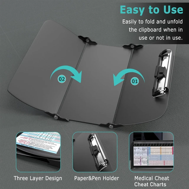 Alt view image 5 of 7 - Nursing Clipboard Foldable, Foldable Clip Board w/Nursing Edition Cheat Charts, 3 Layers Aluminum, Nurse Clipboards w/Low Profile Clip & Pen Clip Pocket for Students, Nurses and Doctors, Black