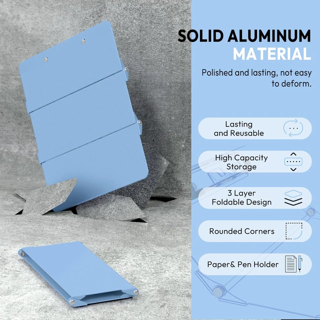 Alt view image 2 of 6 - Nursing Clipboard Foldable Without Edition Cheat Charts, 3 Layers Aluminum, Nurse Board w/Low Profile Clip&Pen Clip Pocket, Light Blue