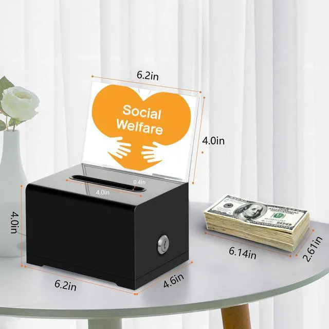 Alt view image 2 of 7 - Black Suggestion Box With Lock, Acrylic Donation Box, 3 Pack 4x6" Sign Holders, Cards & Raffle Tickets Collection, Office Feedback, School Voting & Church Fundraising, 6.2x4.6x4.0 In