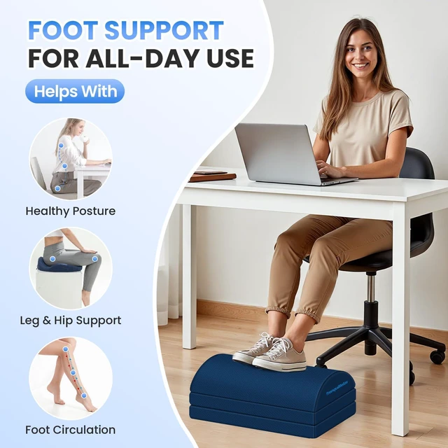 Alt view image 4 of 7 - Foot Rest Under Desk, 3-Height Adjustable Foot Stool, Blue Desk foot rest, ergonomic foot support, machine-washable cover, non-slip bottom, gaming foot rest, office, car