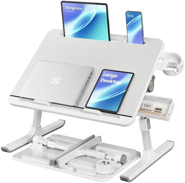 Main image of Bed Laptop Desk, Foldable, Adjustable Height, 15.7 x 22 Inches Portable Bed Sofa Table, Large Desktop, 120° Stepless Tilt, Cup Holder, Tray, Gray, ISLAND Collection ULLD113GZ01