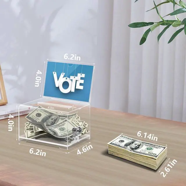 Alt view image 2 of 7 - Clear Donation Box With Lock, Acrylic Raffle Box & Tip Jar, 3 Pack 4x6" Sign Holders, Cash & Raffle Tickets Collection, Church Fundraising, School Voting & Office Tips, 6.2 x 4.6 x 4.0 In