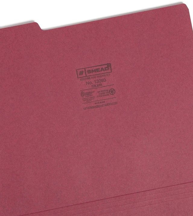 Alt view image 3 of 6 - Colored File Folder, 1/3-Cut Tab, Letter Size, Maroon, 100 per Box (13093)