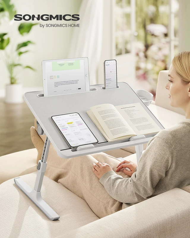 Alt view image 2 of 7 - Bed Laptop Desk, Foldable, Adjustable Height, 15.7 x 22 Inches Portable Bed Sofa Table, Large Desktop, 120° Stepless Tilt, Cup Holder, Tray, Gray, ISLAND Collection ULLD113GZ01