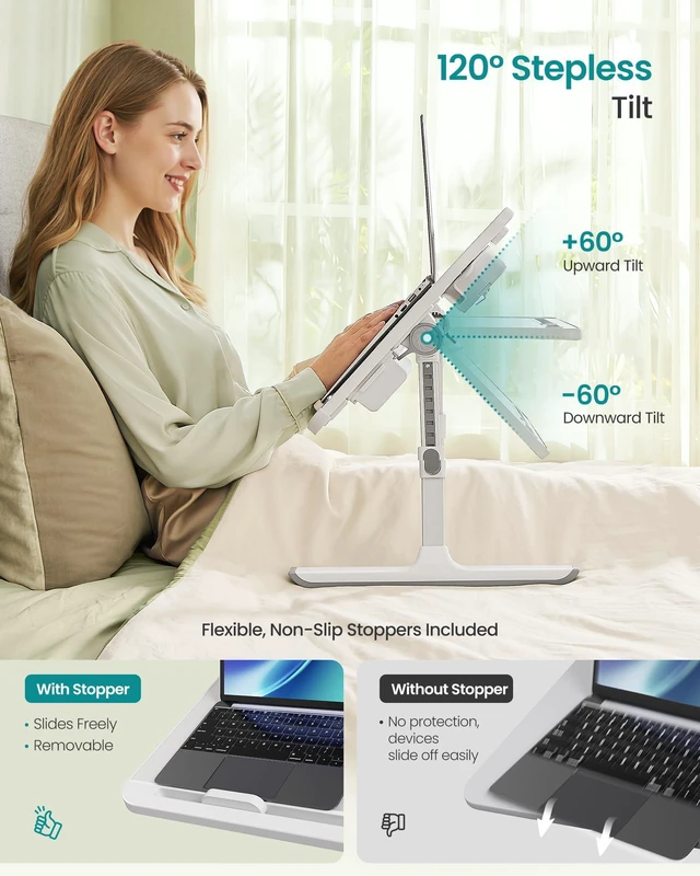 Alt view image 4 of 7 - Bed Laptop Desk, Foldable, Adjustable Height, 15.7 x 22 Inches Portable Bed Sofa Table, Large Desktop, 120° Stepless Tilt, Cup Holder, Tray, Gray, ISLAND Collection ULLD113GZ01