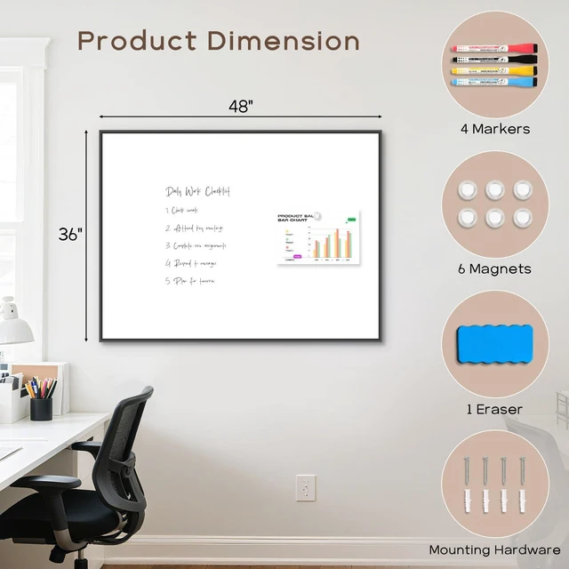 Alt view image 2 of 7 - Large Magnetic Whiteboard, 48" x 36" Dry Erase White Board for Wall Black Aluminum Frame, Easy to Write and Erase, Wall Mounted, Presentation Board, for Home, Office, School, Kitchen