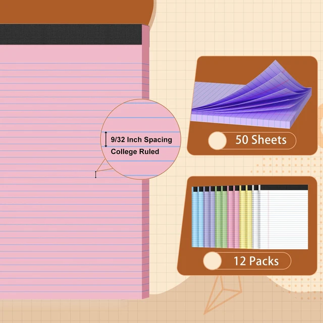 Alt view image 3 of 6 - Legal Pads 8.5 X11, Narrow Ruled Notepads, 12 Pack, 50 Sheet/Pad Colored Legal Pads, Tear Off Notepad, Perforated Writing Pad, Notebook Paper College Ruled, Notepads For Office Home School