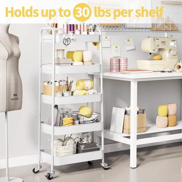 Alt view image 2 of 7 - 5-Tier Metal Rolling Cart with Wheels, Storage Utility Organizer Cart for Kitchen, Bathroom, Office, Baby Essentials & Makeup - Lockable Casters, Easy Assembly, Large Capacity, White