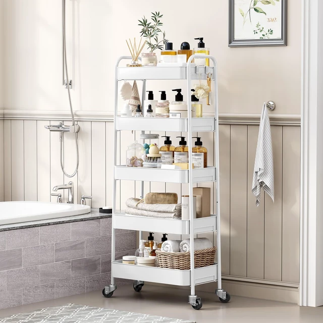 Alt view image 3 of 7 - 5-Tier Metal Rolling Cart with Wheels, Storage Utility Organizer Cart for Kitchen, Bathroom, Office, Baby Essentials & Makeup - Lockable Casters, Easy Assembly, Large Capacity, White