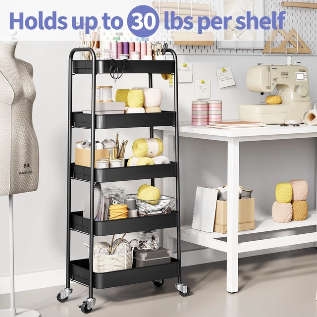 Alt view image 2 of 7 - 5-Tier Metal Rolling Cart with Wheels, Storage Utility Organizer Cart for Kitchen, Bathroom, Office, Baby Essentials & Makeup - Lockable Casters, Easy Assembly, Large Capacity, Black