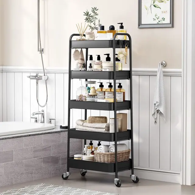 Alt view image 5 of 7 - 5-Tier Metal Rolling Cart with Wheels, Storage Utility Organizer Cart for Kitchen, Bathroom, Office, Baby Essentials & Makeup - Lockable Casters, Easy Assembly, Large Capacity, Black
