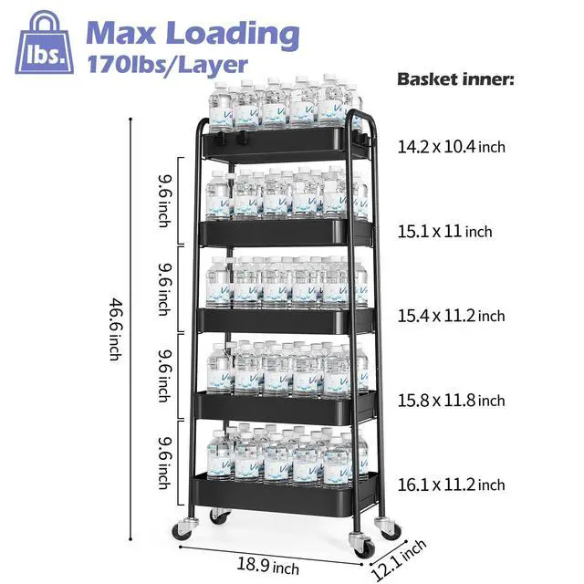 Alt view image 6 of 7 - 5-Tier Metal Rolling Cart with Wheels, Storage Utility Organizer Cart for Kitchen, Bathroom, Office, Baby Essentials & Makeup - Lockable Casters, Easy Assembly, Large Capacity, Black