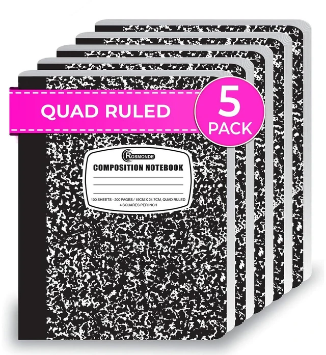 Main image of 5 Pack Graph Paper Composition Notebooks, Black Graph Notebooks Quad Ruled Composition Notebook, 200 Pages (100 Sheets), 9-3/4 x 7-1/2, 4x4 Grid Composition Notebook, Sewn Hard Cover