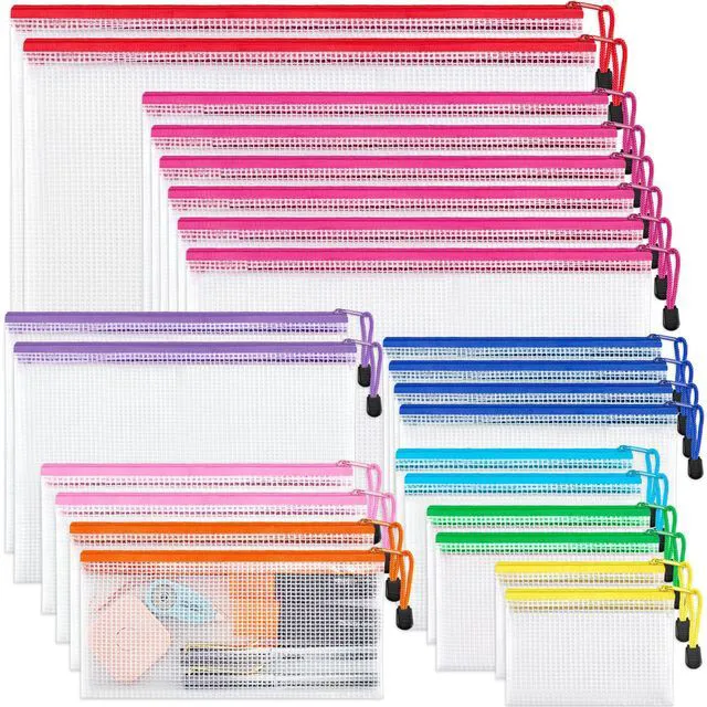 Main image of 24 Pcs Mesh Zipper Pouch Bags, 8 Sizes Waterproof Zipper Bags Multi-use Travel Bags for Office, School, Board Game, Puzzles, Cosmetics, Travel Accessories, and Home Organization, 9 colors