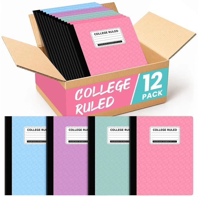 Main image of College Ruled Composition Notebook 12 Pack School Supplies, 160 Pages 9-3/4" x 7-1/2" Aesthetic Composition Notebooks, 80 Sheets, Pastel Colors, Perfect for School, Office and Note Taking