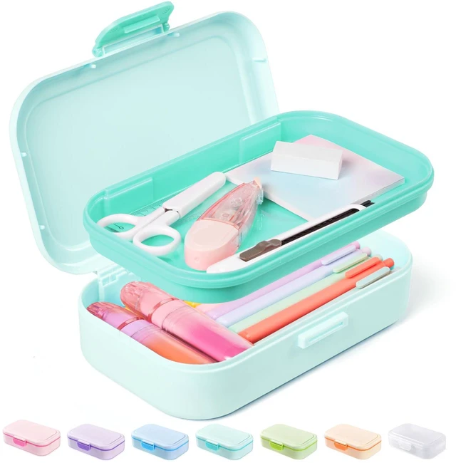 Main image of Double Layer Pencil Box, Plastic Pencil Case with Latch, Hard School Supply Box for Girls Boys Kids, Large Crayon Marker Pen Holder, Cute Art Storage Organizer, 1 Pack, Mint Green