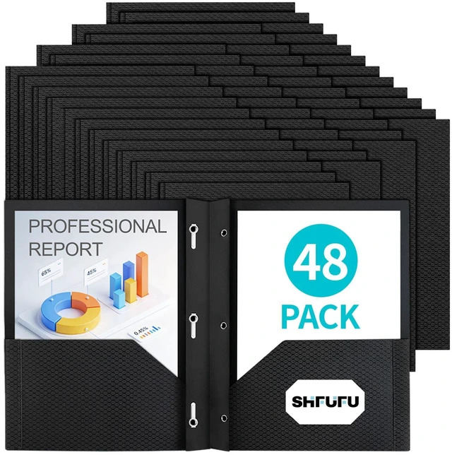 Main image of 48 Pcs Textured Folders with Pockets and Prongs (Black),Fit Letter Size Paper,Business Card Slot,2-Pocket Folder for School Office or Home,Durable Acid-Free Poly,Back to School Supplies Bulk