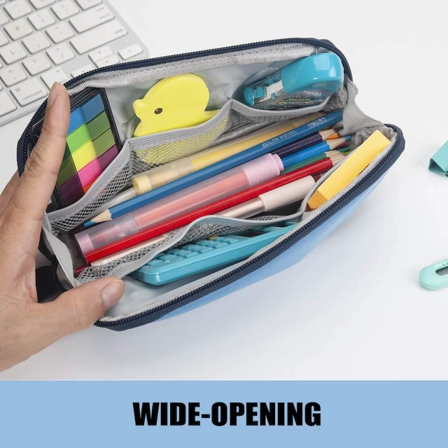 Alt view image 3 of 5 - Wide-Opening Pencil Pen Case, Lightweight & Spacious Pencil Pouch Zipper Stationery Bag, Aesthetic Supply with Triangular Design for Adults, Blue